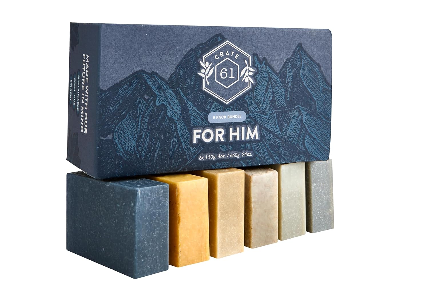 Plant Based Cold Process Natural Bar Soap, With Premium Essential Oils, Dry Skin, Pack of 6 (For Him)